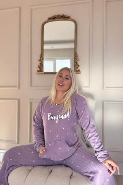 Lila Bonjour Desenli Kanguru Cepli Peluş Polar Pijama Takımı - 3