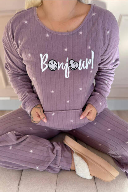 Lila Bonjour Desenli Kanguru Cepli Peluş Polar Pijama Takımı - 4