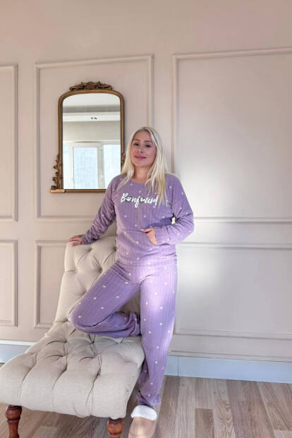 Lila Bonjour Desenli Kanguru Cepli Peluş Polar Pijama Takımı - 5