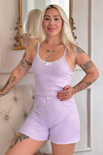 Lila Chic Comfort Dantelli Örme Askılı Şortlu Kadın Pijama Takımı 