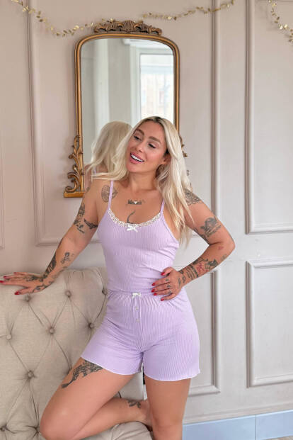 Lila Chic Comfort Dantelli Örme Askılı Şortlu Kadın Pijama Takımı - 3