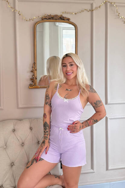 Lila Chic Comfort Dantelli Örme Askılı Şortlu Kadın Pijama Takımı - 4