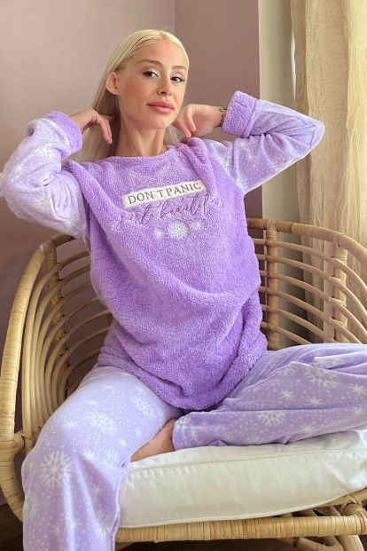 Lila Dont Panic Desenli Kadın Peluş Pijama Takımı - 1
