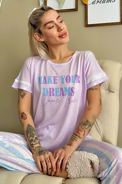 Lila Dreams Baskılı Örme Kısa Kollu Kadın Pijama Takımı - 1