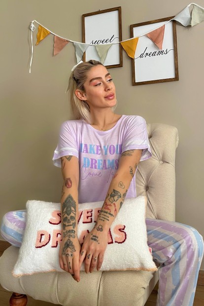 Lila Dreams Baskılı Örme Kısa Kollu Kadın Pijama Takımı - 2
