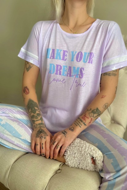 Lila Dreams Baskılı Örme Kısa Kollu Kadın Pijama Takımı - 4
