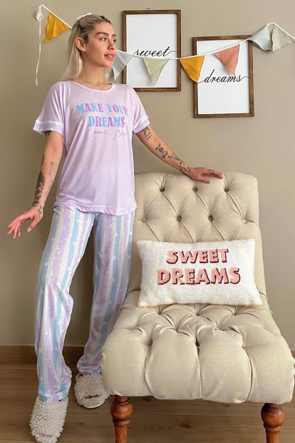Lila Dreams Baskılı Örme Kısa Kollu Kadın Pijama Takımı - 5