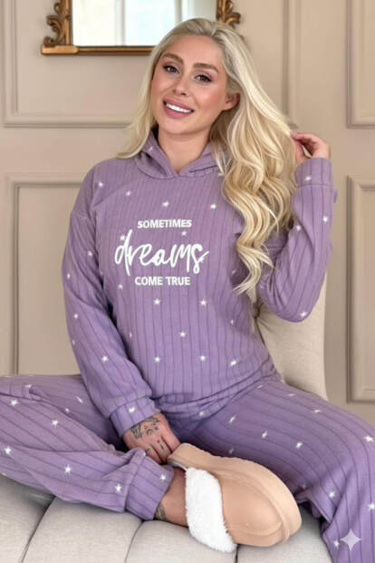 Lila Dreams Desenli Kapşonlu Peluş Polar Pijama Takımı 
