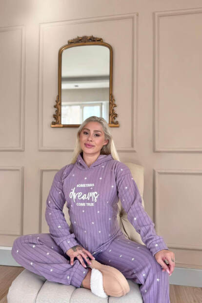 Lila Dreams Desenli Kapşonlu Peluş Polar Pijama Takımı - 2