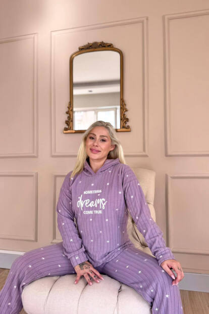 Lila Dreams Desenli Kapşonlu Peluş Polar Pijama Takımı - 4