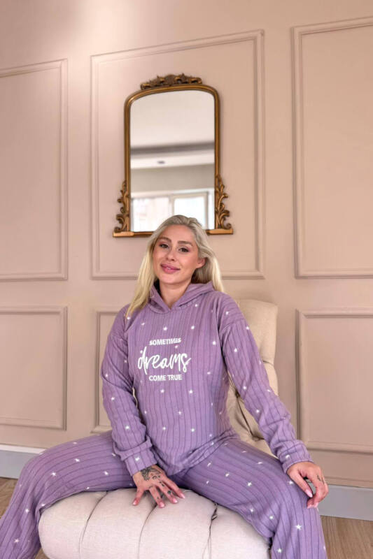 Lila Dreams Desenli Kapşonlu Peluş Polar Pijama Takımı - Pijamaevi (3)