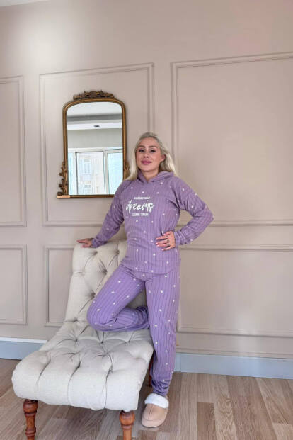 Lila Dreams Desenli Kapşonlu Peluş Polar Pijama Takımı - 5