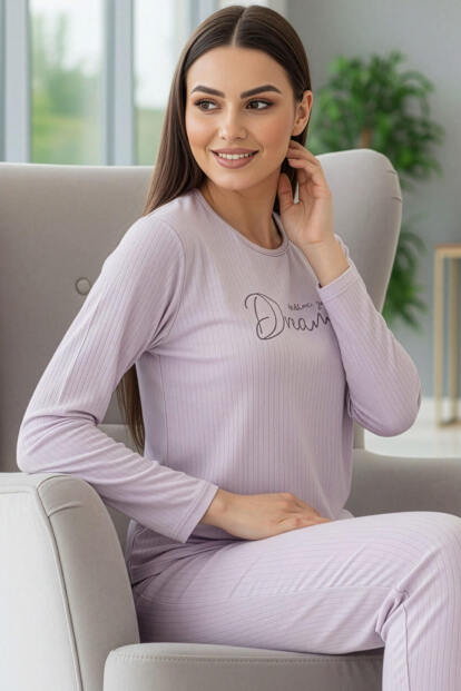 Lila Dreams Desenli Uzun Kollu Dublin Örme Kadın Pijama Takımı 