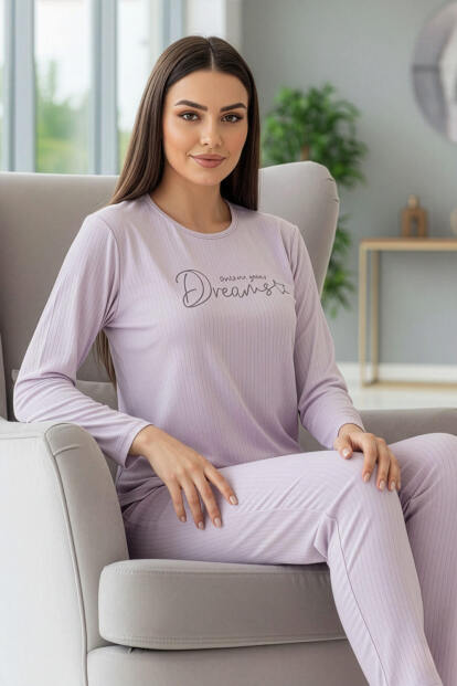 Lila Dreams Desenli Uzun Kollu Dublin Örme Kadın Pijama Takımı - 2