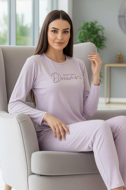 Lila Dreams Desenli Uzun Kollu Dublin Örme Kadın Pijama Takımı - 3