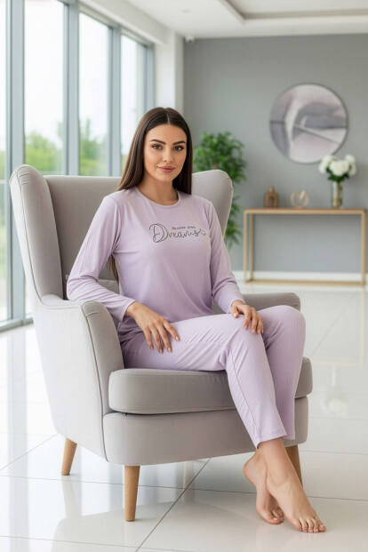 Lila Dreams Desenli Uzun Kollu Dublin Örme Kadın Pijama Takımı - 4