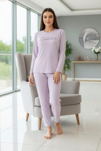 Lila Dreams Desenli Uzun Kollu Dublin Örme Kadın Pijama Takımı - 5