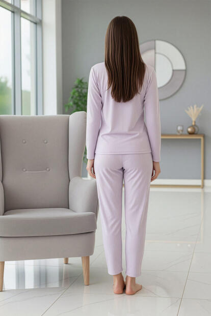 Lila Dreams Desenli Uzun Kollu Dublin Örme Kadın Pijama Takımı - 6