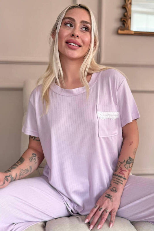 Lila Dublin Kısa Kollu Dantelli Kadın Pijama Takımı - Pijamaevi