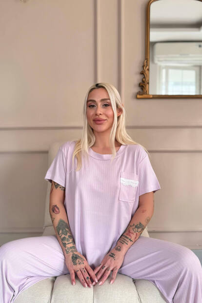 Lila Dublin Kısa Kollu Dantelli Kadın Pijama Takımı - 2