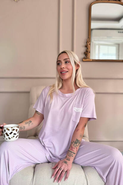 Lila Dublin Kısa Kollu Dantelli Kadın Pijama Takımı - 3