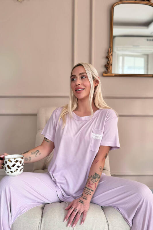 Lila Dublin Kısa Kollu Dantelli Kadın Pijama Takımı - Pijamaevi (2)