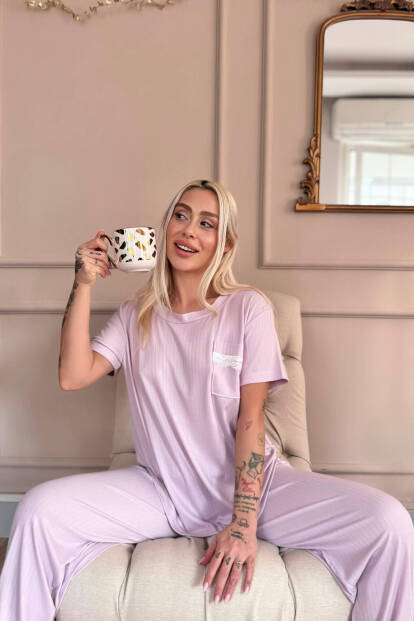 Lila Dublin Kısa Kollu Dantelli Kadın Pijama Takımı - 4