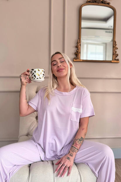 Lila Dublin Kısa Kollu Dantelli Kadın Pijama Takımı - 5