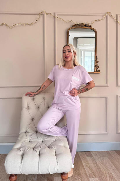Lila Dublin Kısa Kollu Dantelli Kadın Pijama Takımı - 7