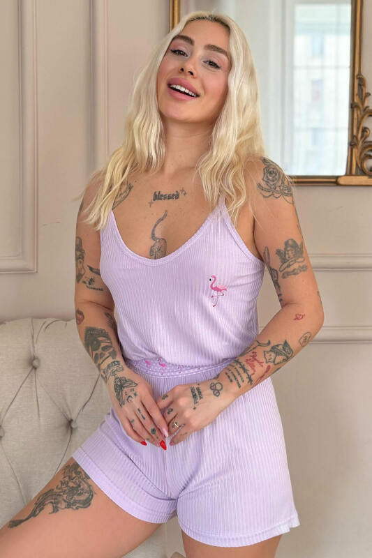 Lila Flamingo Chic Desenli Örme Ip Askı Şortlu Kadın Pijama Takımı - Pijamaevi
