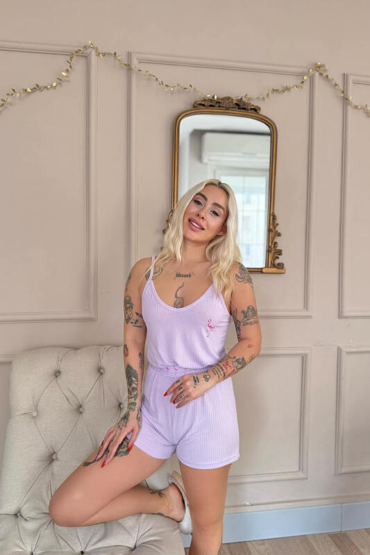 Lila Flamingo Chic Desenli Örme Ip Askı Şortlu Kadın Pijama Takımı - Pijamaevi (1)
