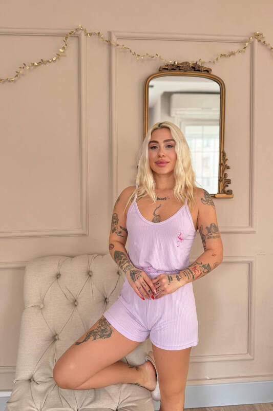 Lila Flamingo Chic Desenli Örme Ip Askı Şortlu Kadın Pijama Takımı - Pijamaevi (2)