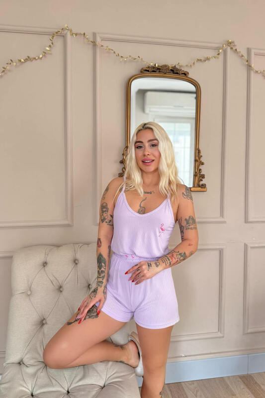 Lila Flamingo Chic Desenli Örme Ip Askı Şortlu Kadın Pijama Takımı - Pijamaevi (3)