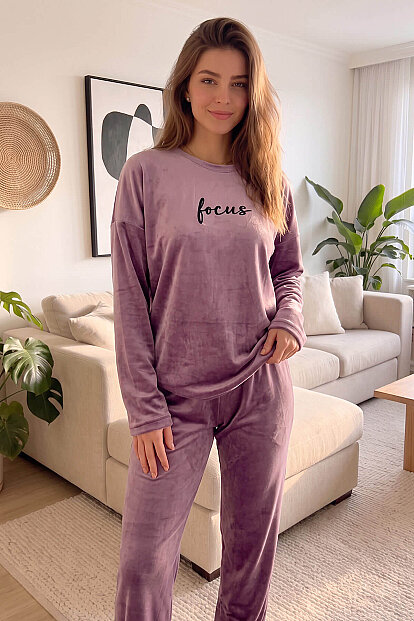 Lila Focus Desenli Exclusive Kadife Kadın Pijama Takımı  - 6