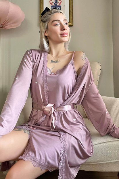 Lila Heart Desenli Sabahlıklı Gecelik Kadın Pijama Seti - 1
