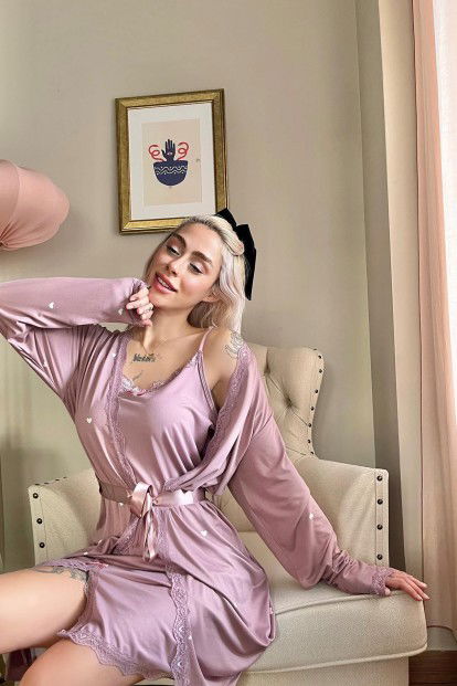 Lila Heart Desenli Sabahlıklı Gecelik Kadın Pijama Seti - 2