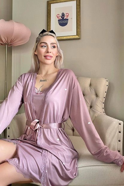 Lila Heart Desenli Sabahlıklı Gecelik Kadın Pijama Seti - 3