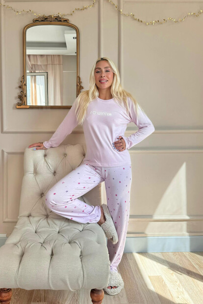 Lila I Love W Desenli Termal Kadın Pijama Takımı - 6