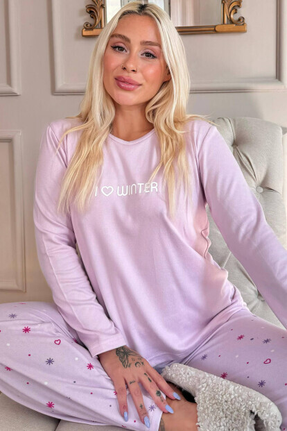 Lila I Love W Desenli Termal Kadın Pijama Takımı - 7