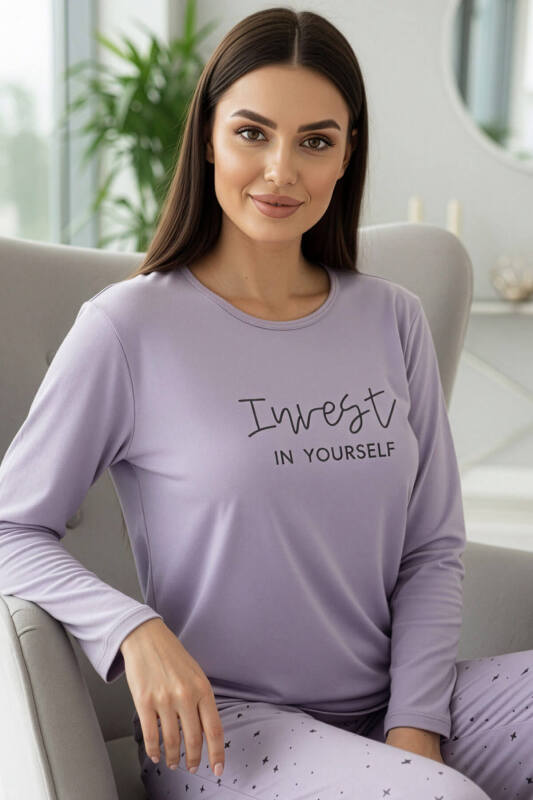 Lila Invest Desenli Uzun Kollu Bambu Örme Kadın Pijama Takımı - Pijamaevi
