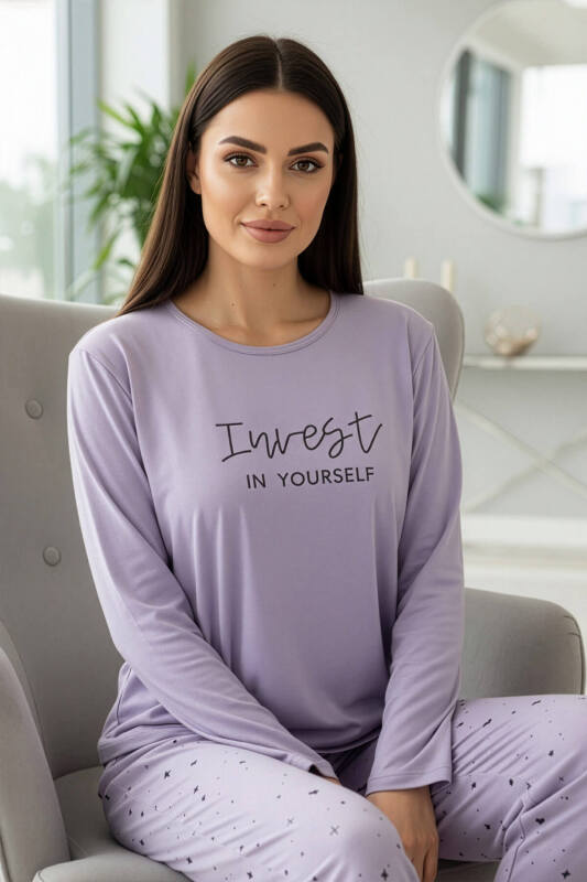 Lila Invest Desenli Uzun Kollu Bambu Örme Kadın Pijama Takımı - Pijamaevi (1)