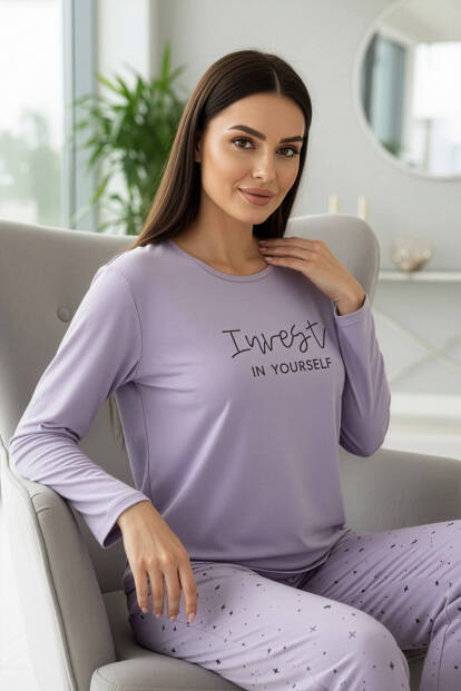 Lila Invest Desenli Uzun Kollu Bambu Örme Kadın Pijama Takımı - 3