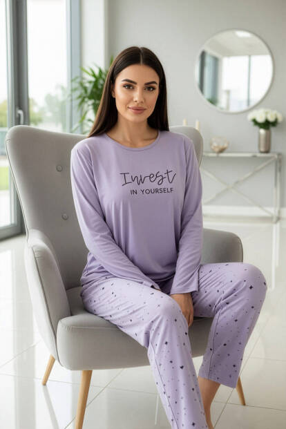 Lila Invest Desenli Uzun Kollu Bambu Örme Kadın Pijama Takımı - 4