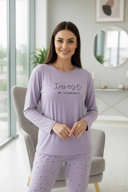 Lila Invest Desenli Uzun Kollu Bambu Örme Kadın Pijama Takımı - 5