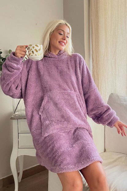 Lila Kapşonlu Tam Peluş Oversize Sweat Panço Pijama - 1