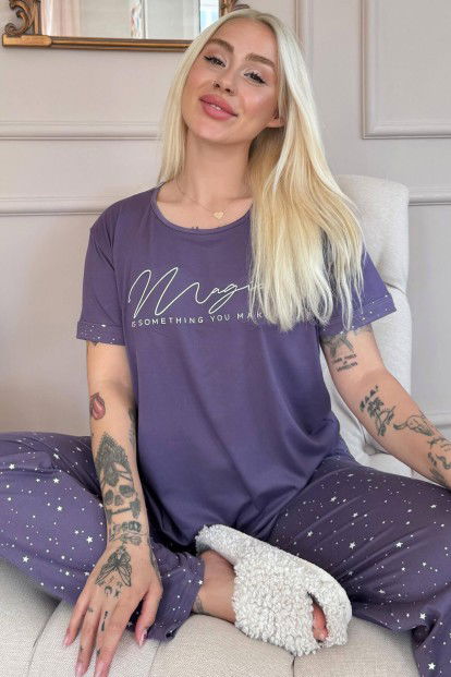 Lila Magic Desenli Bambu Kısa Kol Kadın Pijama Takımı 