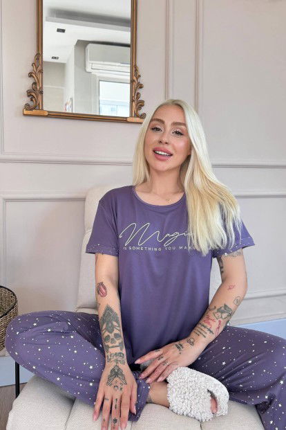 Lila Magic Desenli Bambu Kısa Kol Kadın Pijama Takımı - 3