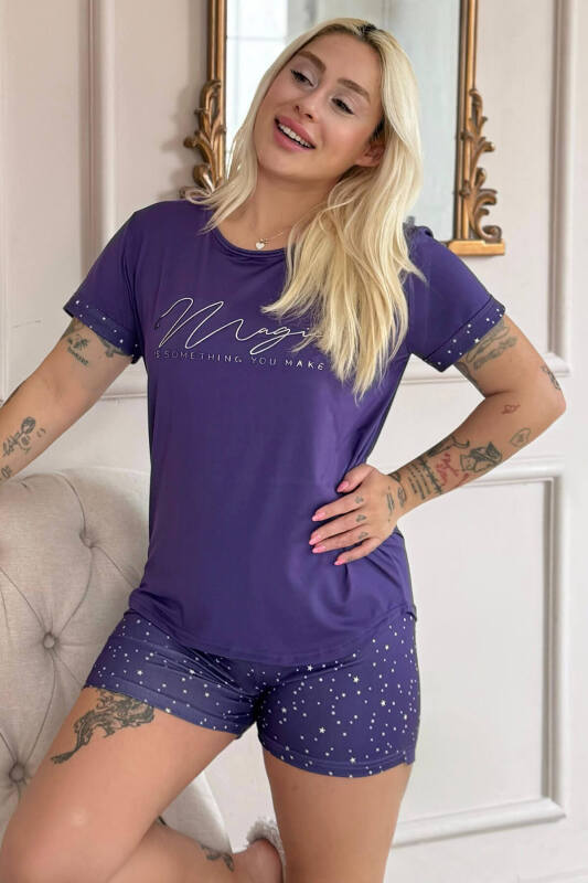 Lila Magic Desenli Bambu Kısa Kol Şortlu Kadın Pijama Takımı - Pijamaevi