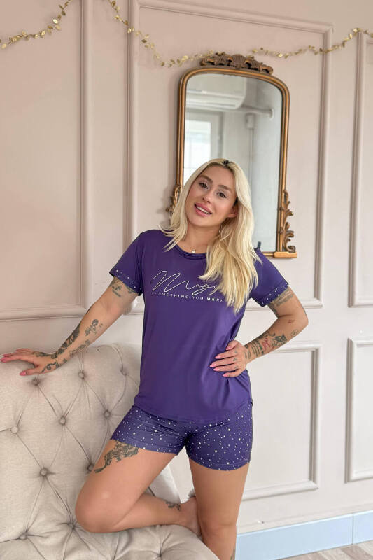 Lila Magic Desenli Bambu Kısa Kol Şortlu Kadın Pijama Takımı - Pijamaevi (1)