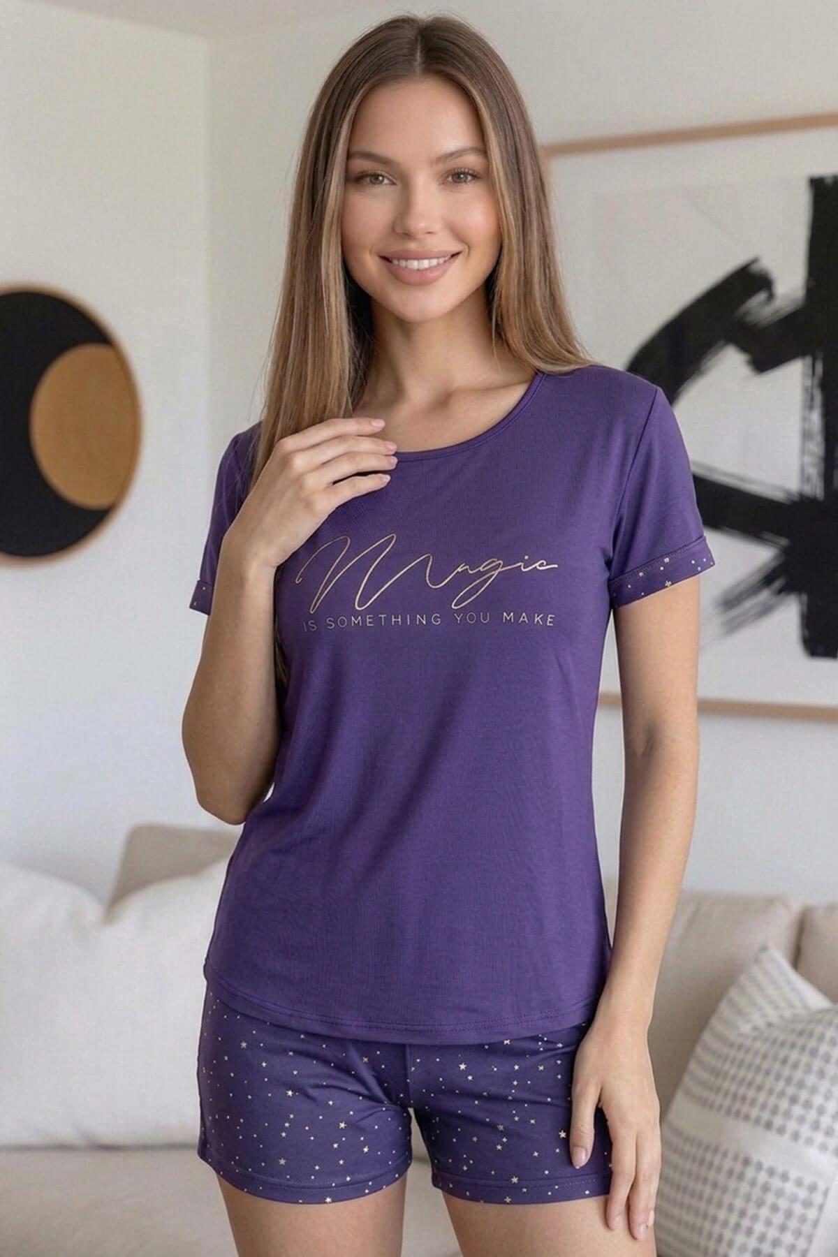 Lila Magic Desenli Bambu Kısa Kol Şortlu Kadın Pijama Takımı - Pijamaevi (2)